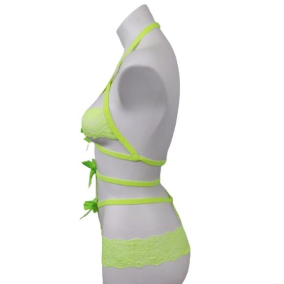 NWOT Exposed By Magic Silk Bands of Lace Neon Lace Bow Teddy, S/M - Picture 7 of 16